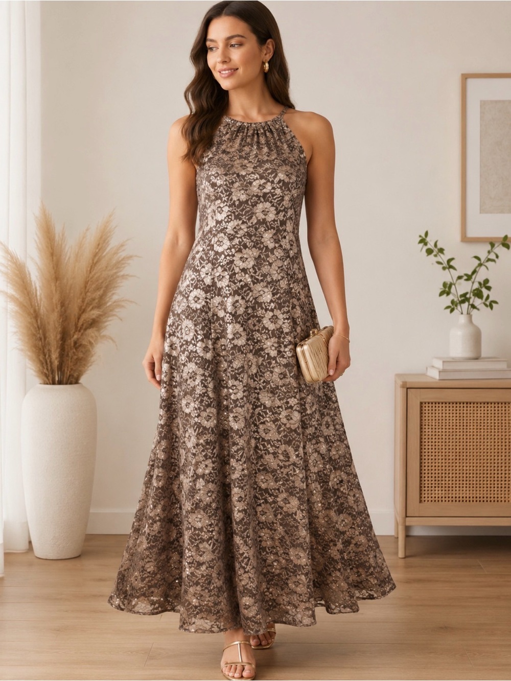 Candalite Women’s Gold Floral Print Lace Evening Formal Dress Size Medium NWOT